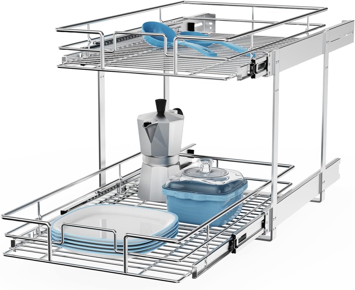 ROOMTEC Individual Pull Out Cabinet Organizer (14" W x 18" D), 2 Tier Spice Rack Organizer for Cabinet, Slide Out Drawer Pantry Shelf Organization and Storage for Kitchen Bathroom
