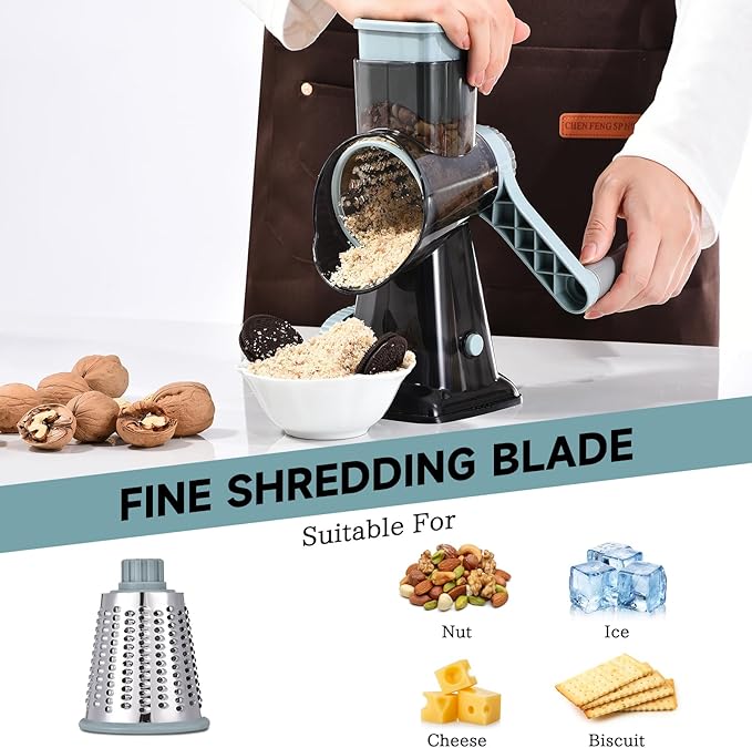 Rotary Cheese Grater Hand Crank Cheese Shredder Vegetable Mandoline Slicer for Kitchen 3 in 1 Changeable Blades for Cheese Potato Nuts Chocolate Ice(GreyBlue)