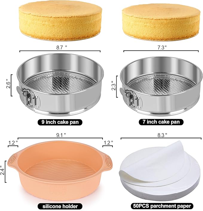 7, 9 Inch Springform Pan, Nonstick 304 Stainless Steel Cake Pans with Removable Bottom, Leakproof Springform Pan for Cheesecake with Silicone Pans Protector & 50PCS Parchment Paper, Dishwasher Safe
