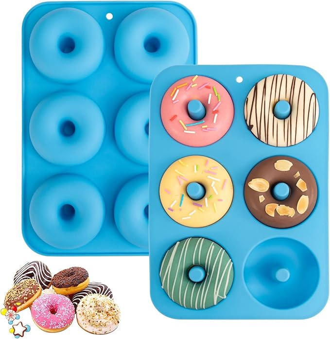 Aichoof Silicone Donut Mold for 6 Doughnuts, Set of 2. Food Grade LFGB Silicone Bagels Baking Pan, Non-Stick, Dishwasher Safe, Heat Resistant and Microwave Safe(Blue)