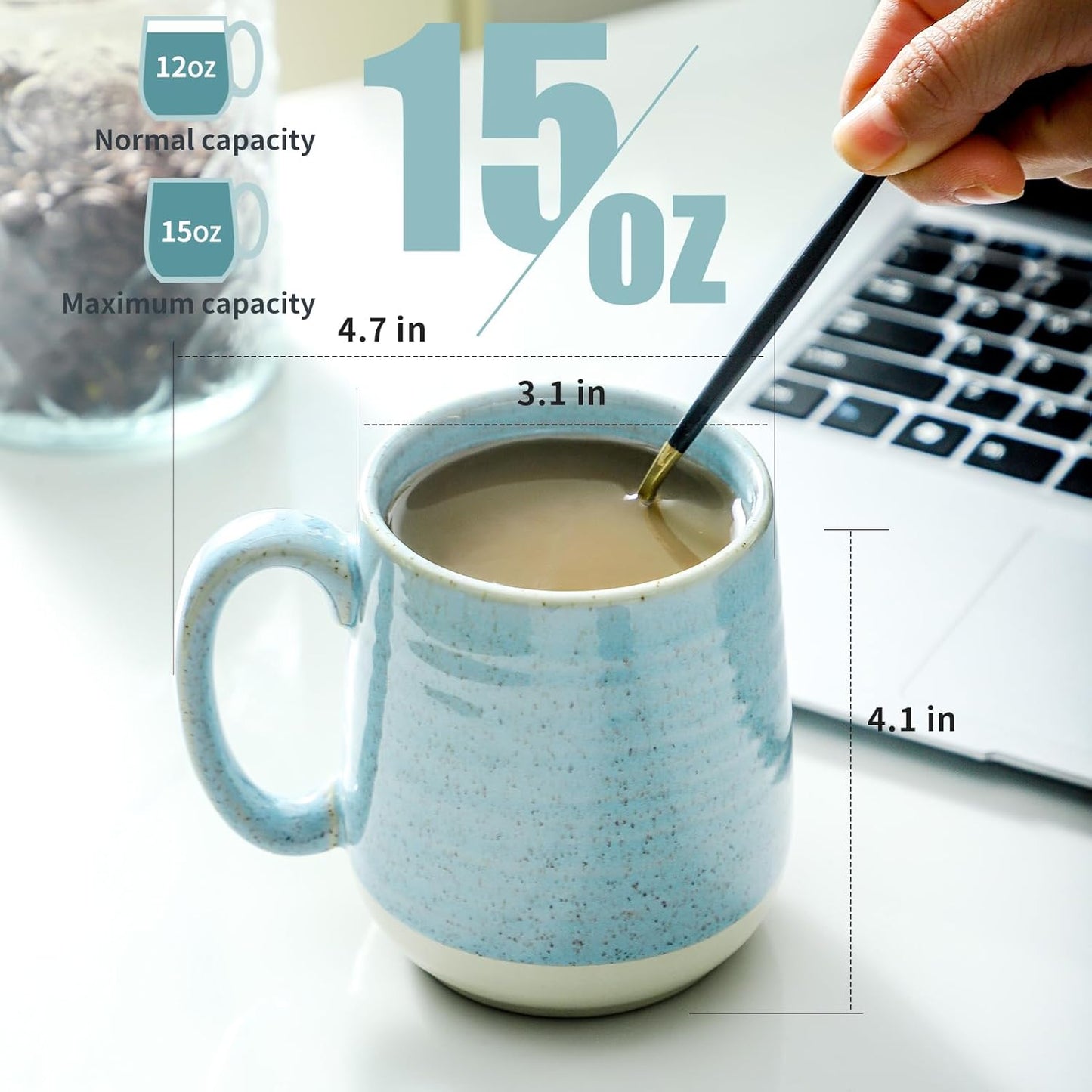 Hasense Ceramic Coffee Mugs, 15 Oz Coffee Cup with Handle Set of 4, Large Coffee Mug for Men, Modern Latte Cup for Cappuccino, Tea, Cocoa, Microwave & Dishwasher Safe, Birthday Gift, Light Blue