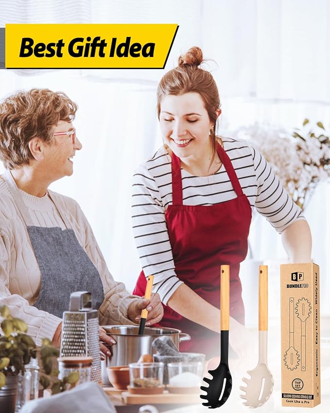 Pack of 2 Spaghetti Spoon, Silicone Pasta Fork with Wooden Handle, Heat Resistant Noodle Spoon Server, BPA Free Spaghetti Strainer(BLACK-KHAKI)