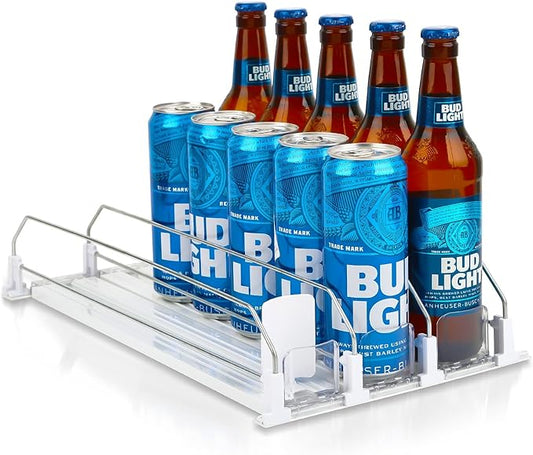 Soda Can Dispenser for Refrigerator, 3 Row Self-Pushing Rack, Fits up to 15 Cans, Width Adjustable Beverage Storage Rack, 15inch White