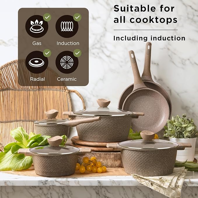 15Pcs Pots and Pans set for cooking nonstick, Aluminum cookware set with glass lids, Coffee maker and nylon kitchen tools, Induction safe, PFOA-free (15)