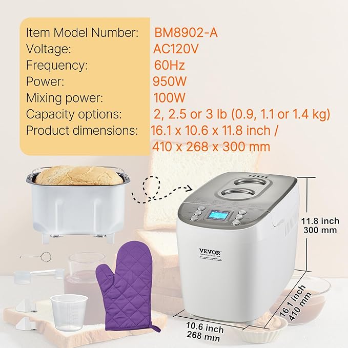 VEVOR Bread Maker, Dough Machine 15 Menus in 1, Non-Stick Ceramic Pan Automatic Breadmaker with Non-Gluten Setting, Whole Wheat Bread Making, Digital, Programmable, 3 Loaf Sizes, 3 Crust Colors, White