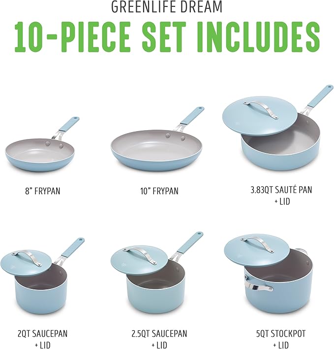 GreenLife 10-Piece Nonstick Ceramic Cookware Set, Lightweight Healthy PFAS-Free Pots & Pans with Lids, Dishwasher & Oven Safe, Durable Body, Silicone Stay-Cool Handles, Easy Release, Blue Haze