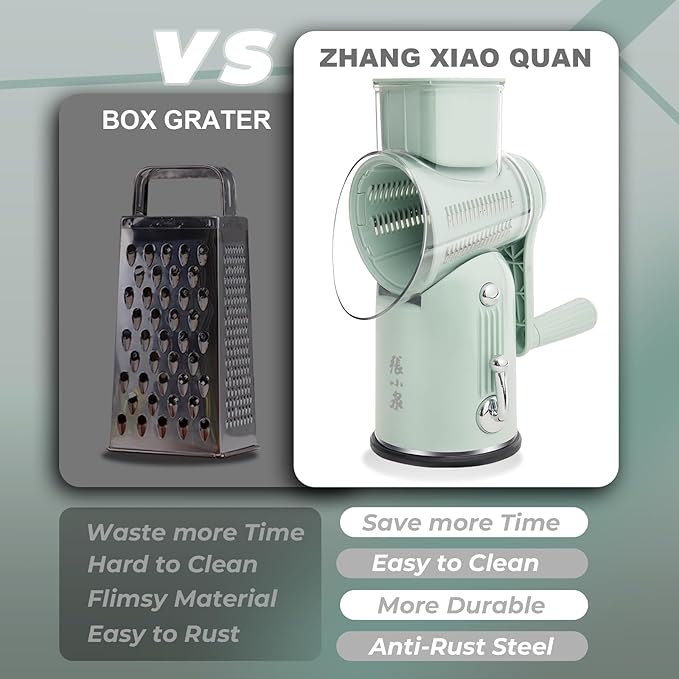 ZHANG XIAO QUAN SINCE 1628 5-in-1 Interchangeable Blades Rotary Cheese Grater Hand Crank, Cheese Shredder Mandoline Vegetable Julienne Slicer Cutter Nut Chopper with Anti-Slip Base, Blade Storage