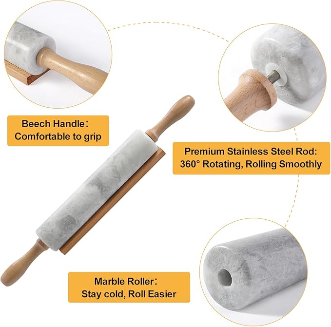 Koville African Natural Marble Rolling Pin, Non-Stick Polished Dough Roller, Pasta, Dumpling, Fondant, Pie Crust, Bread, Pizza Dough, Kitchen Baking Pastry Tools with Mat/Scraper(Grigio Fantasy)