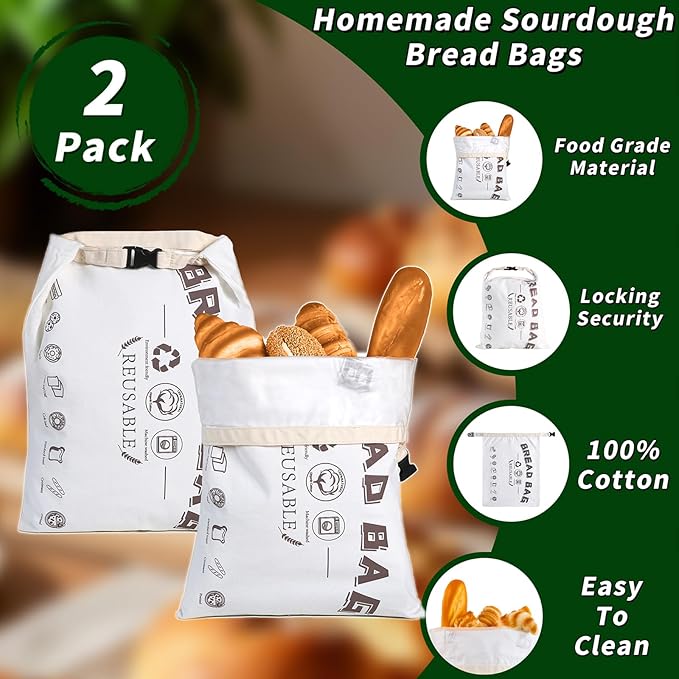 Reusable Bread Bags for Homemade Bread,Cotton Bags with Food Grade TPU Liner Extend Freshness, Large Capacity Cloth Bag for Travel Friendly,Washable,Refrigerable, Gift for Bakers (Set of 2)