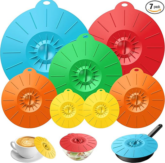 7 Pack Silicone Lids, Microwave Splatter Cover, 5 Sizes Reusable Heat Resistant Food Suction Lids fits Cups, Bowls, Plates, Pots, Pans, Skillets, Stove Top, Oven, Fridge BPA Free