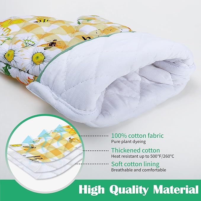 Bee Daisy Oven Mitts and Pot Holders Sets 100% Cotton Heat Resistant, Extra Long Oven Gloves Potholder for Kitchen Cooking Baking Housewarming