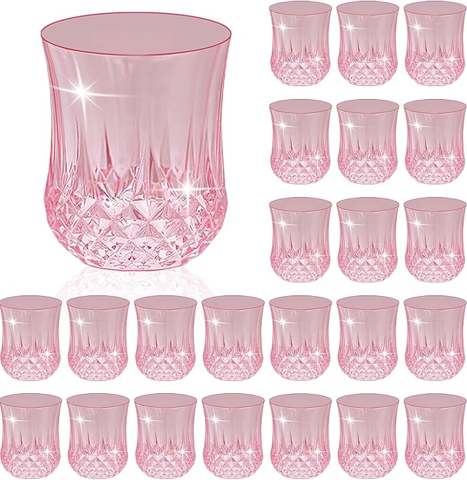24 PCS Pink Unbreakable Stemless Wine Glasses，9OZ Vintage Colored Plastic Reusable Cups Drinking Glass Goblets Tumblers for Whisky, Beer, Juice, Beverages, Cocktail