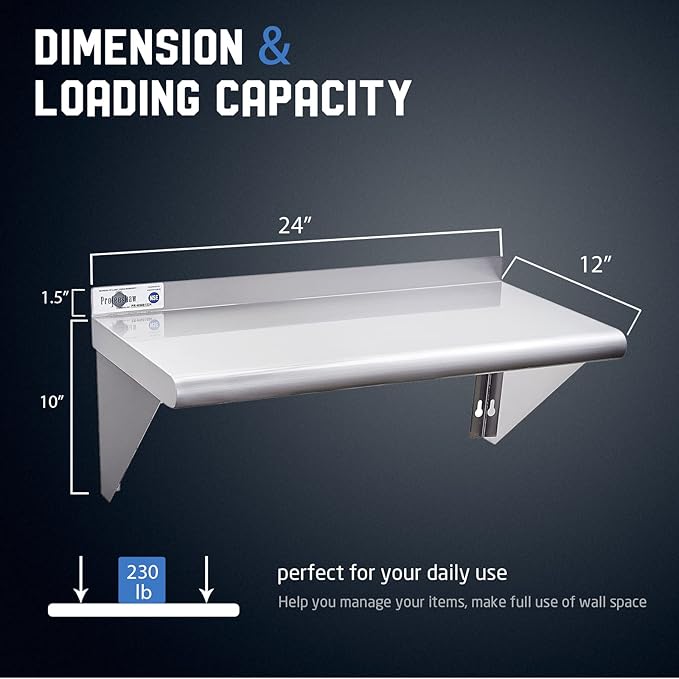 Profeeshaw NSF Stainless Steel Shelf 12” x 24”, 230 lb Commercial Shelves Wall Mounted Metal Shelving with Backsplash and 2 Brackets for Restaurant, Bar, Utility Room, Kitchen and Garage