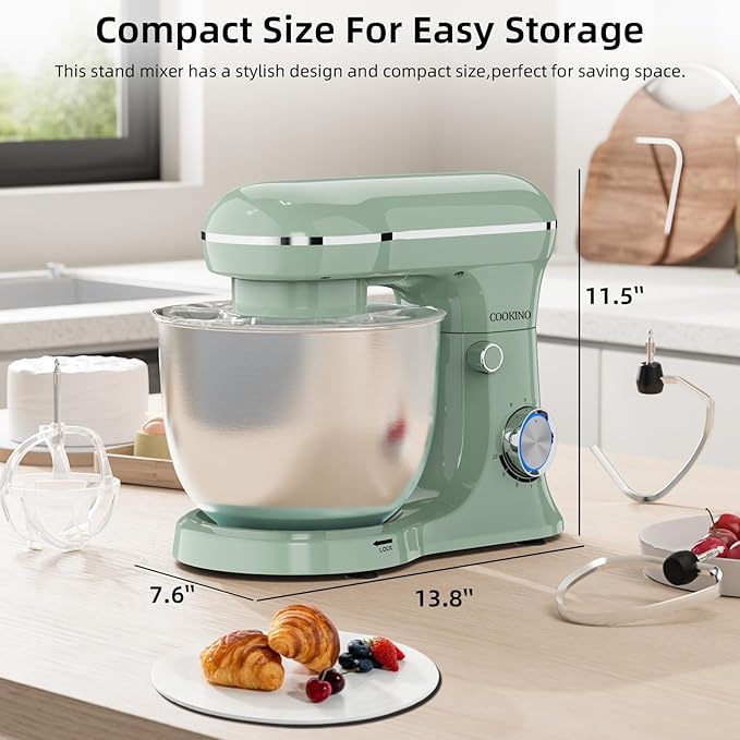 Electric Stand Mixer,10 Speeds 660W Tilt-Head Food Mixer, 3-IN-1 Kitchen Mixer for Daily Cooks with 6.5 QT Bowl,Dough Hook, Beater, Whisk (Agave Green)