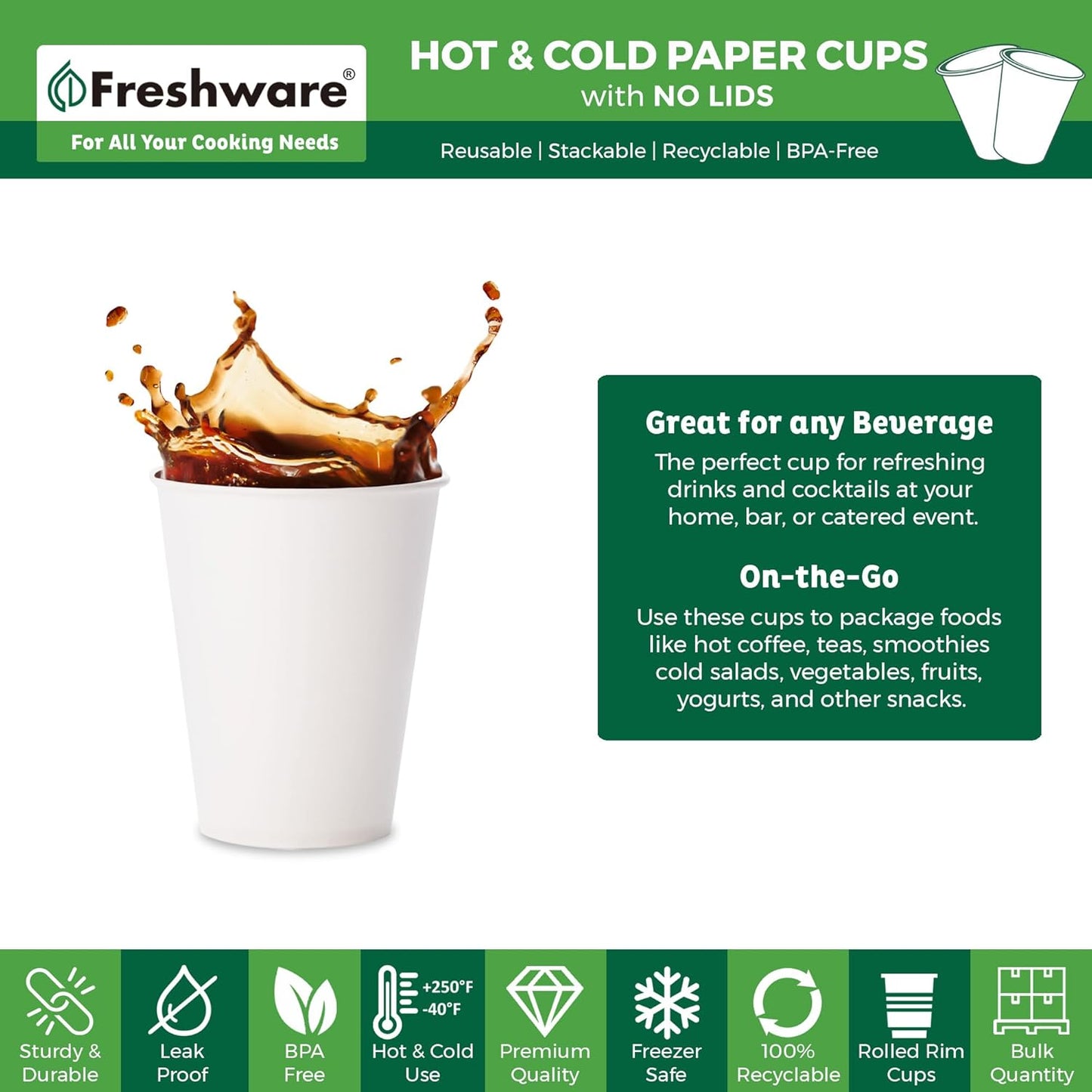 Freshware Coffee Cups 12 oz [100 Pack] Disposable Paper Cups for Hot or Iced Coffee Cup, Slushie Cup, Milkshakes, Smoothies, and Tea