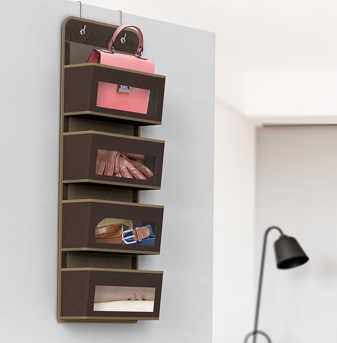 Simple Houseware 4 Clear Window Pocket Over Closet Door Storage Hanging Organizer for Bedroom, Bathroom, Pantry, Brown