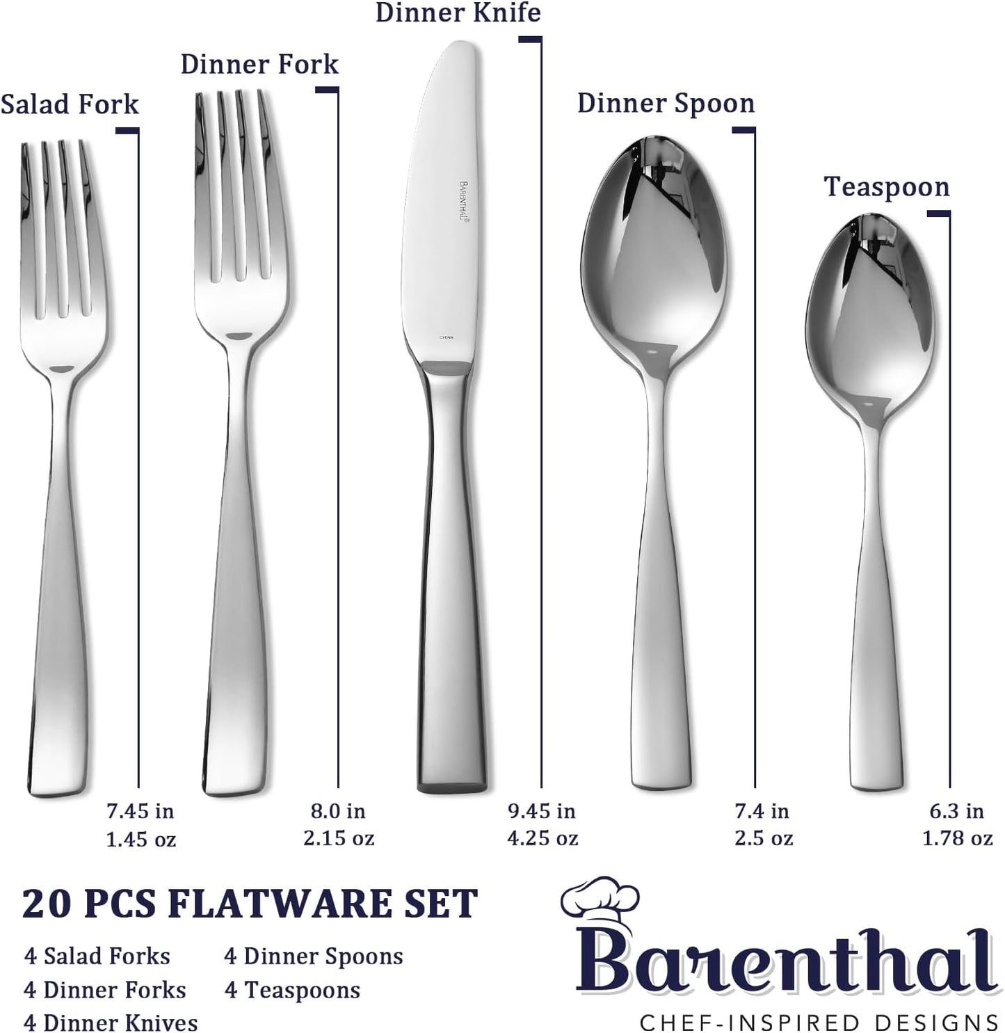 Silverware Set for 4, Barenthal 20 Piece Luxury Heavy Duty Silverware Flatware Set, Mirror Finish, Dishwasher Safe, Premium 18/10 Stainless Steel Cutlery Set for Home, Kitchen, Wedding, Party, Gift