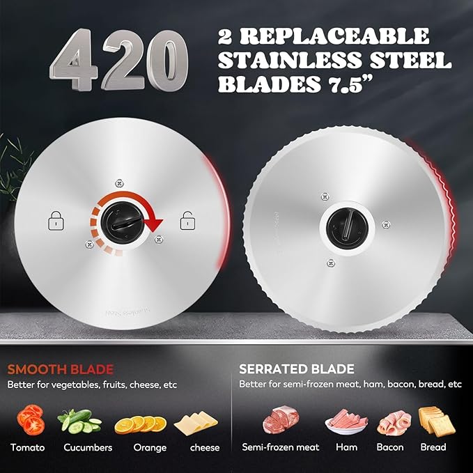 Moongiantgo Meat Slicer Electric with Removable 7.5’’ Blades Stainless Steel, 0-18mm Adjustable Thickness, Deli Food Slicer with Child Lock Protection for Meat, Fruit, Bread, Cheese, 110V