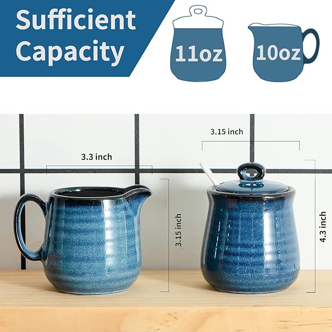 Hasense Porcelain Sugar and Creamer Set,11 Ounce Sugar Bowl with Lid and Spoon,10 Ounce Cream Pitcher,Farmhouse Coffee Sets for Serving,Dishwasher Safe(Blue)