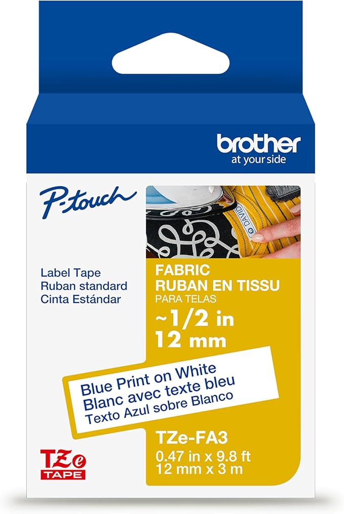 Brother Genuine P-Touch TZe, Navy Blue Print on White Fabric Label Tape (TZeFA3),1/2in x 9.8ft (12mm x 3m), for Select P-Touch Label Makers, Can be Ironed onto Virtually Any Cotton Item, Washable