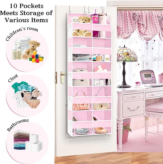 Pink Over The Door Organizer 5 Tiers, Extra Large Behind Door Storage of 10 Compartments, 50 lbs Weight Capacity Over The Door Storage for Closet, Diaper Organizer