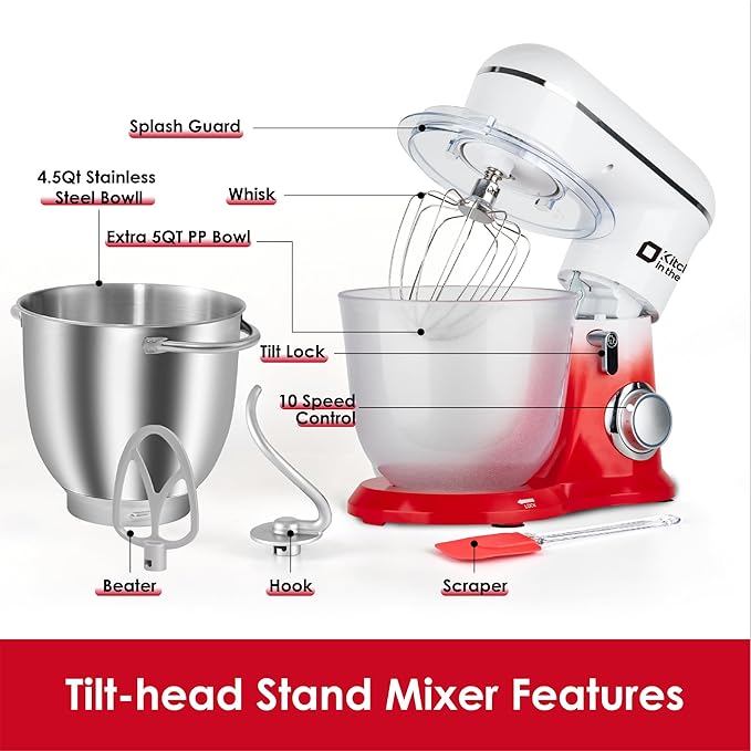 Kitchen in the box Stand Mixer, 5QT + 4.5QT Two bowls Electric Food Mixer, 10 Speeds Kitchen Mixer for Daily Use with Egg Whisk,Dough Hook,Flat Beater (Gradient Red, 5QT)
