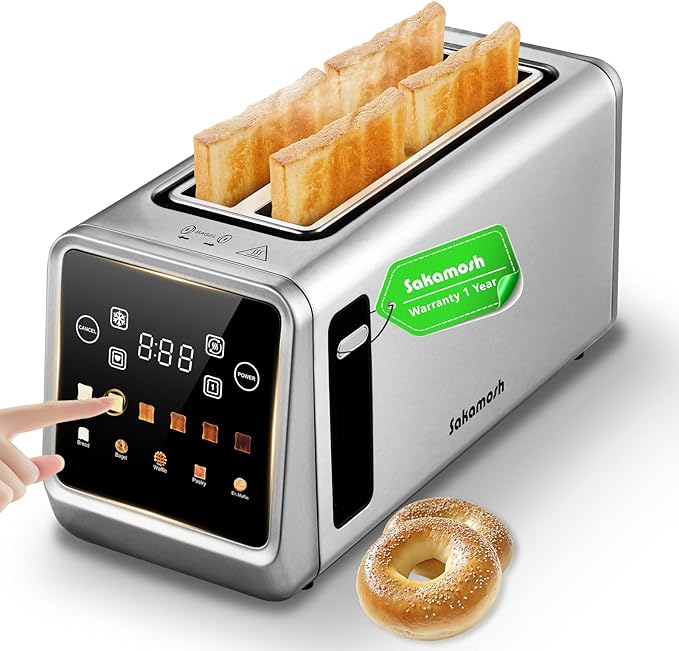 Smart Toaster 4 Slice, Touch Screen, Digital Toasters with 6 Browning Levels & 5 Bread Types, Bagel, Extra Long Wide Slots, Memory Function, Timer, 1400W, Stainless Steel