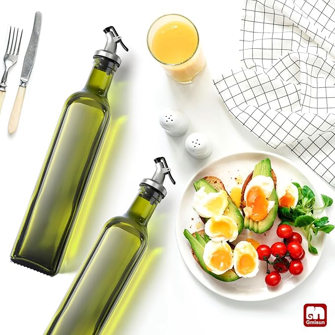 GMISUN Olive Oil Dispenser Bottle 2 Pack, Olive Oil Dispenser for Kitchen 17oz, Glass Cooking Soy Sauce Bottle Container Cruet with Plastic Pourer Spout, Green