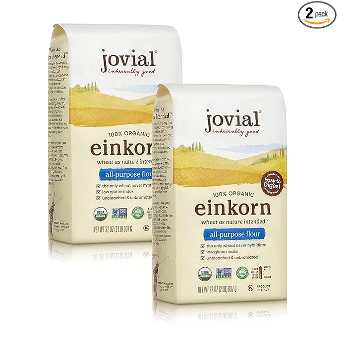 Jovial Organic Einkorn Unbleached All Purpose Flour - Bread Baking Flour for Sourdough, High Protein, Non-GMO, Organic Pizza & Pasta, European Italian, Glyphosate Free - 32 Oz, 2 Pack
