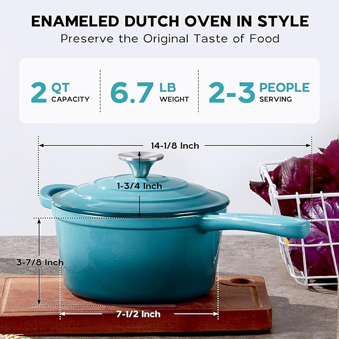 Enameled Cast Iron Sauce Pan, Onader 2QT Saucepan with Lid, Small Cast Iron Pot for Cooking, Enamel Dutch Oven Nonstick & Heavy Duty – Dark Cyan