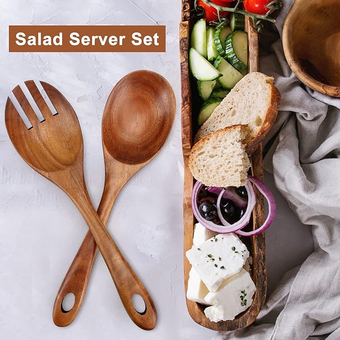 Wooden Salad Tongs Mixing Spoon Wood Salad Servers Serving Utensils 10" Salad Fork and Spoon Kitchen Salad Serving Spoons