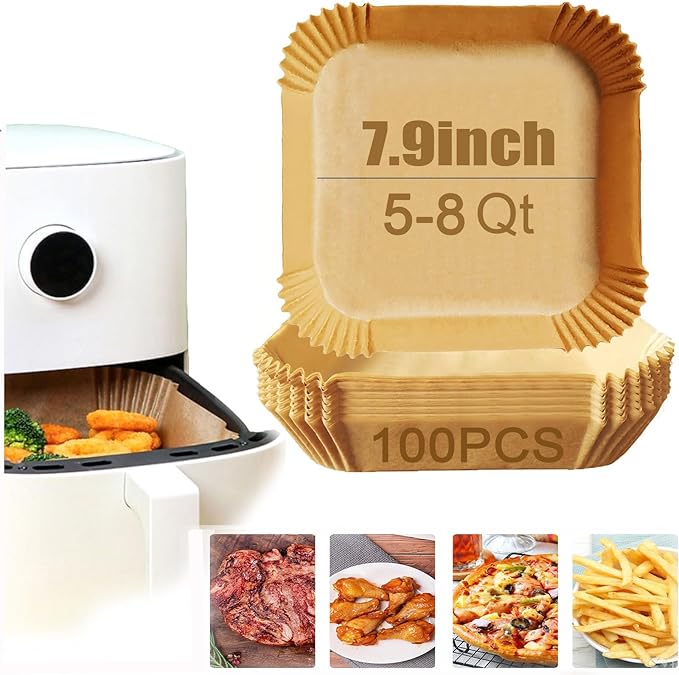 Air Fryer Disposable Paper Liner, 7.9in to 9.4inch Baking Parchment Paper Air fryer liners,100 PCS square Waterproof Oil-Proof High Temperature Cooking Non-Stick Liner for Ovens,Microwave