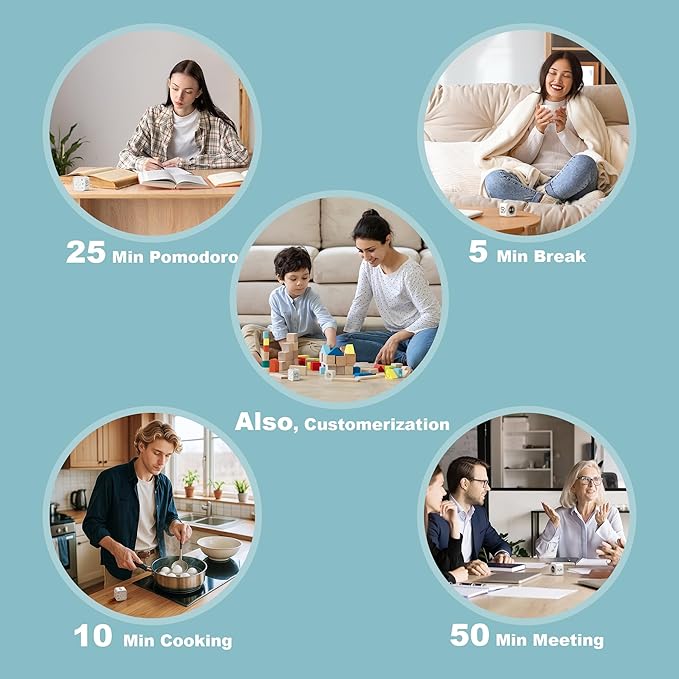 KADAMS Pomodoro Cube Timer Productivity Visual Timer - 5/10/25/50 Min Rotating Countdown, Customize Countup Silent Mode- for Work Study Cook Workout Kitchen Back to School Classroom (White)