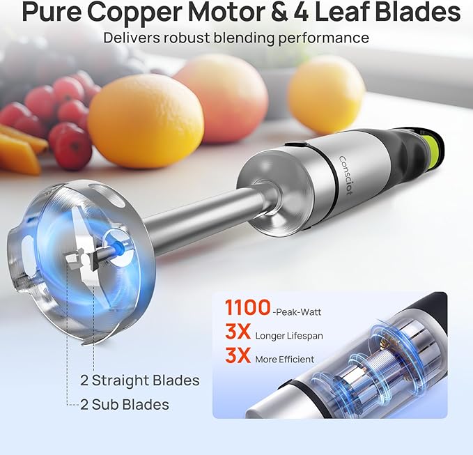 Consciot 7-in-1 Immersion Blender Handheld Max 1100W, Stick Emulsifier with Entire Stainless Steel Blender Shaft, Trigger Speed Control, 800ml Beaker, 600ml Chopper, Beaters, Frothers, Hooks & Masher