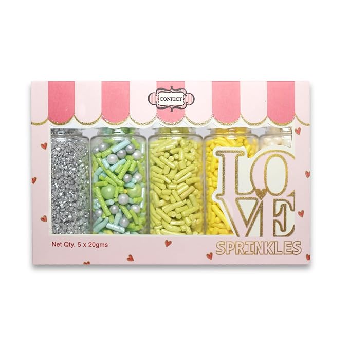 Confect Edible Sprinkles for Cakes & Cupcakes Decoration Assorted pack of 5 Summer Fun Sprinkles Mix White Dragees Green Yellow Blue Jimmies Silver Sparkling Sugar | Vegan, Gluten-Free, Nut-Free, Soy-Free, Dairy-Free, Palm Oil-Free - 5 Oz