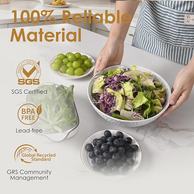 Wotalation Large White Ceramic Salad Serving Bowl - 9.4 Inch Party Bowl for Holidays, Fruit Bowl with Bamboo Utensils (57.4oz), Microwave & Dishwasher Safe