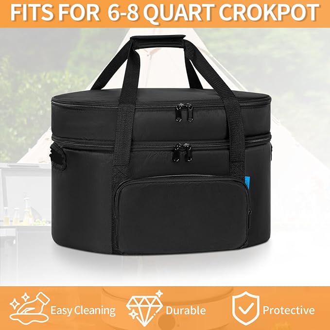 Double-Layer Slow Cooker Travel Bag Compatible with 6, 7, 8 Quart Crock-Pot, Insulated Travel Carrier with Easy to Clean Lining, Black
