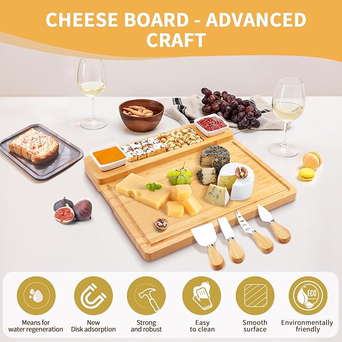 Charcuterie Boards Accessories, Charcuterie Boards with Knife Set, Cheese Board Serving Tray, Gifts for Women, Housewarming Gifts for New Home, Wedding Gift for Couples 2025 (with 2 Bowl)