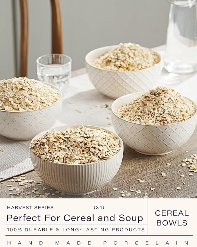 getstar Ceramic Soup Bowls, Cereal Bowl Set of 4 with Assorted Embossment (6.1 inch & 30 oz), Farmhouse Vintage Color Bowls for Kitchen