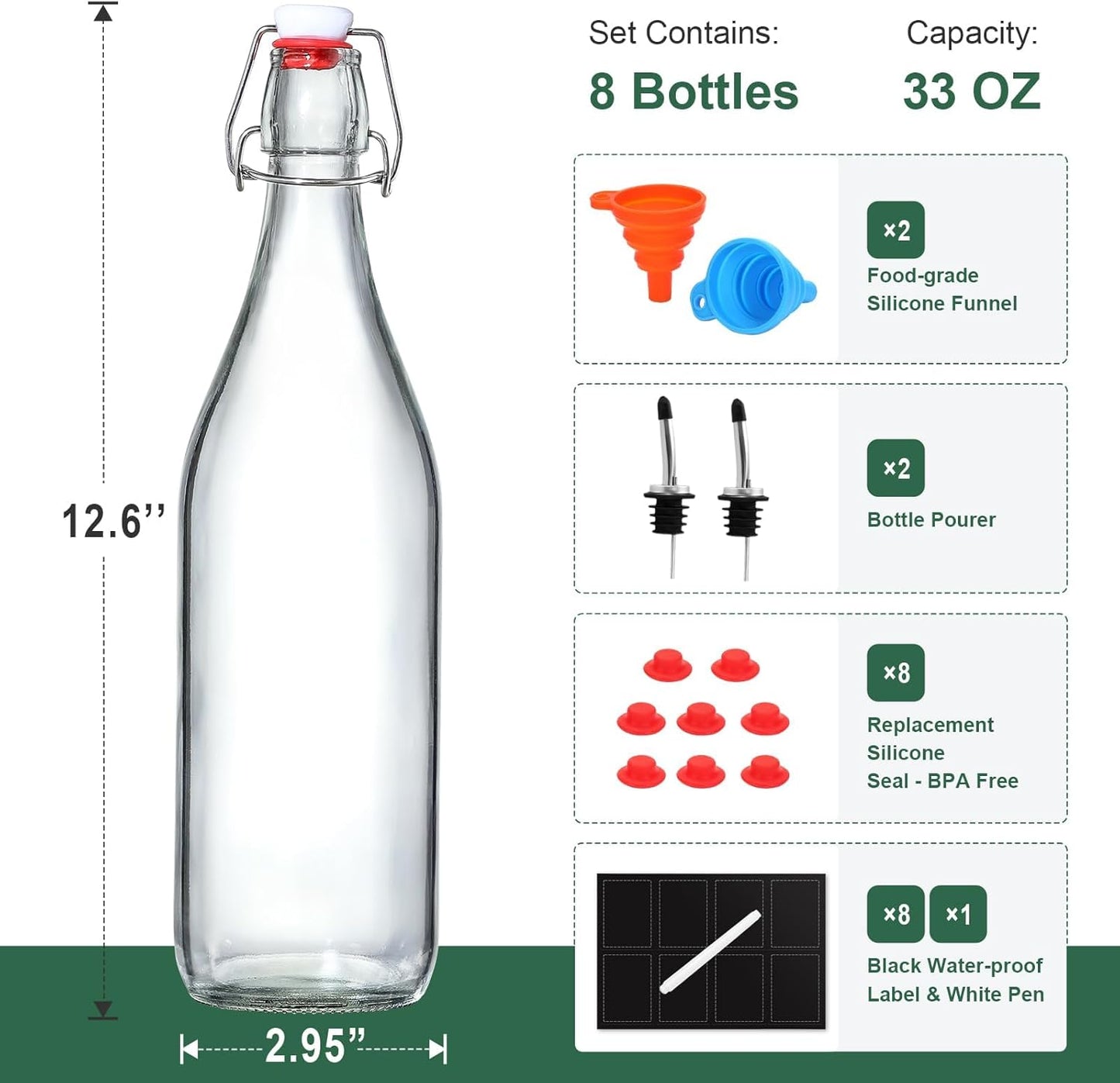8 Pack [1 L / 33 fl. oz.] Swing Top Glass Bottles w/Airtight Stopper Lids – Flip Top Brewing Bottle for Fermentation, Kombucha, Mead, Vinegar, Beer, Kefir, Wine, Soda – With 8 Extra Seals & 2 Pourers