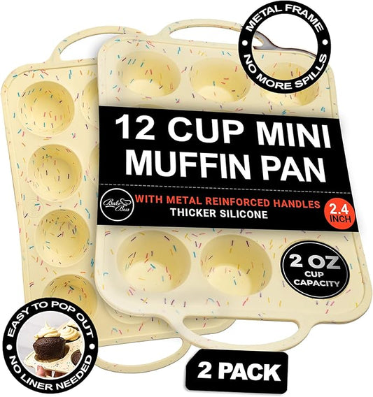 2 Pack Silicone Mini Muffin Pan 12 Count – Non-Stick Silicone Muffin Pans for Baking, BPA-Free Cupcake Pans for Baking, Easy Release, Metal Handles, Oven & Dishwasher Safe