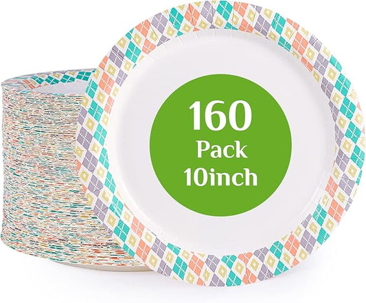 FOCUSLINE 10 Inch Paper Plates, 160 Count Disposable Paper Plates for Everyday Use, Cut-Proof & Soak-Proof Coated Dinner Plate Large, Round 10" Plate for Home, Party