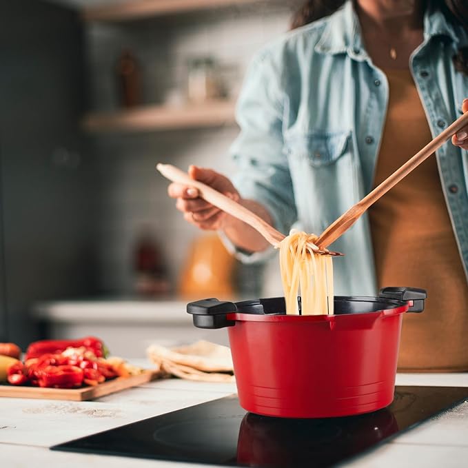 5qt Pasta Pot with Strainer Lid, Cast Aluminum Stockpot Multipot, Nonstick Ceramic Coating make Cleanup easy with Tempered Glass Lid, Dishwasher Safe, Induction, Black (Red, 5 Quarts)