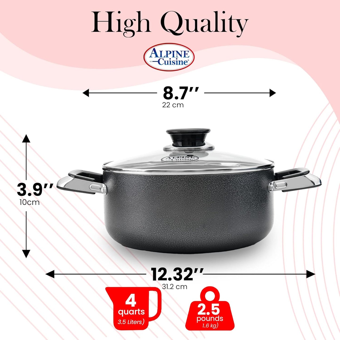 Alpine Cuisine 4 Quart Non-stick Stock Pot with Tempered Glass Lid and Carrying Handles, Multi-Purpose Cookware Aluminum Dutch Oven for Braising, Boiling, Stewing