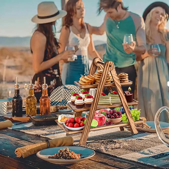 Wooden 3 Tier Serving Tray, Detachable Cupcake Stand, Rectangle Serving Platter Three Tiered Stand,Fruit,Appetizer,Dessert Decorative Tray Decor Party Food Table Display