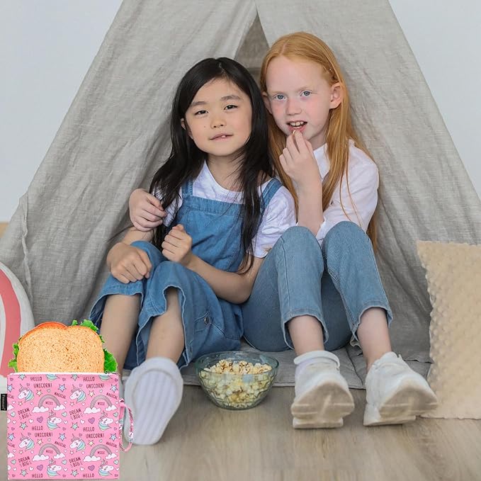 Reusable Sandwich Bag/Snack Bag for Kids & Adults, Dual Layer Lunch Bag with Handle, Washable, Food Safe, BPA Free (1-Pack, Rainbow Unicorn)