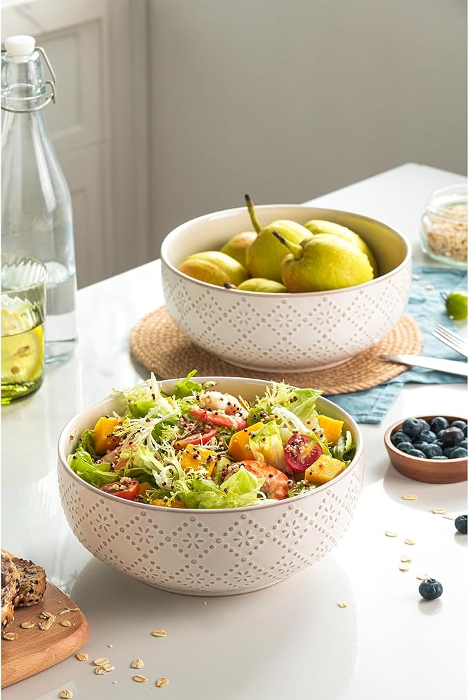 Large Serving Bowls, 8 inch 60 OZ Salad Bowls Set of 2, Ceramic Bowl Set for Salad，Ramen, Soup, Cereal and Entertaining, Farmhouse Decorative, Dishwasher & Microwave Safe, Off-White