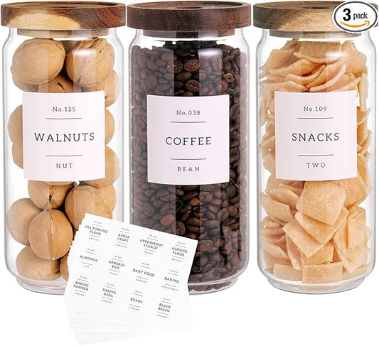 3 Set Glass Pantry Storage Jars with Acacia Airtight Lid - 35oz Thicken Glass Kitchen Canisters with 132 Pantry Labels - Clear Food Storage Containers with Wood Lid for Tea,Sugar,Cookie,Pasta