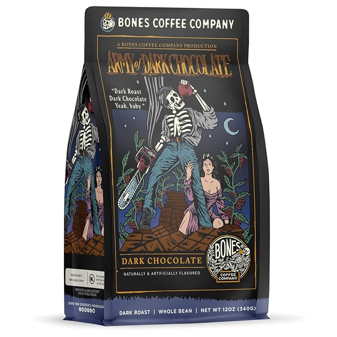 Bones Coffee Company Army of the Dark Chocolate Flavored Coffee, Medium Roast Low Acid Arabica Beans Compatible with Auto drip and French Press Coffee Maker, 12 Oz Whole Bean