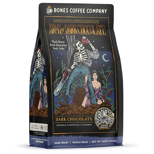 Bones Coffee Company Army of the Dark Chocolate Flavored Coffee, Medium Roast Low Acid Arabica Beans Compatible with Auto drip and French Press Coffee Maker, 12 Oz Whole Bean